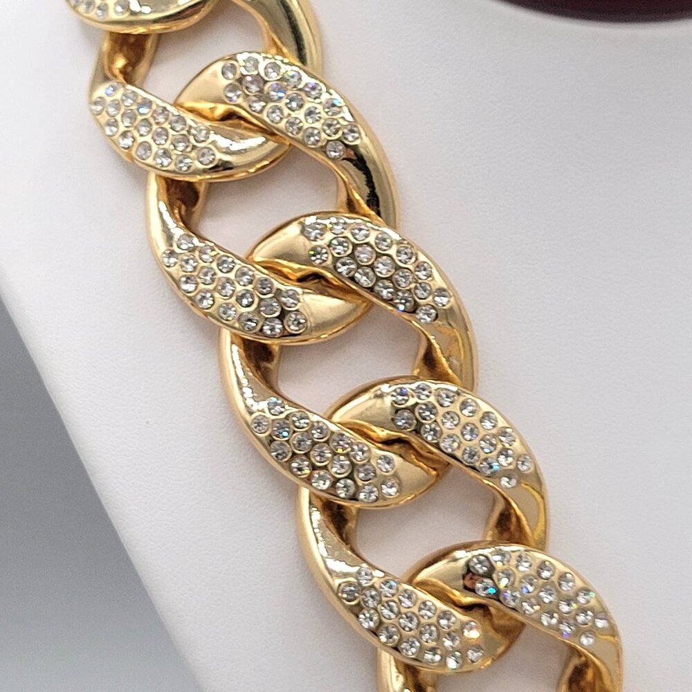 Gold Tone Linking Chain Rhinestone Studded Bib Necklace Collar Length Chunky - Picture 6 of 8
